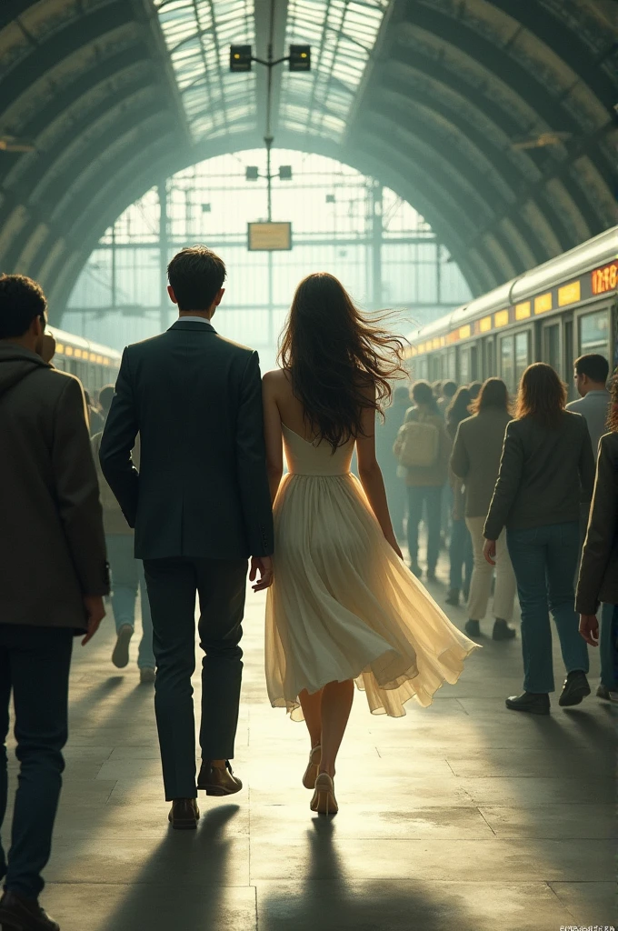 Flowing woman train station man