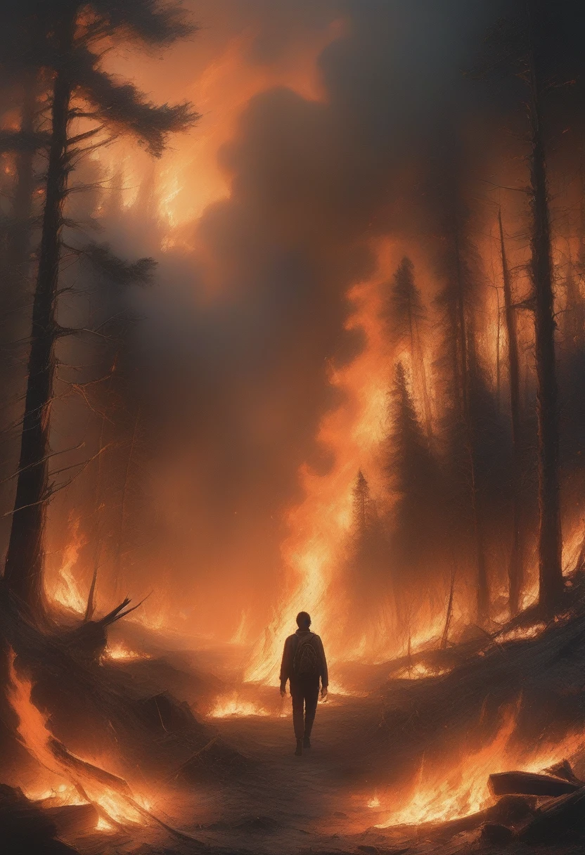 painting of a man walking through a forest with a fire in the background, the forest is on fire, forest fire, woods on fire, makoto sinkai, inspired by Michael Komarck, by Michael Komarck, stefan koidl inspired, fires!! hyperrealistic, burning forest, concept art | rhads, painterly concept art