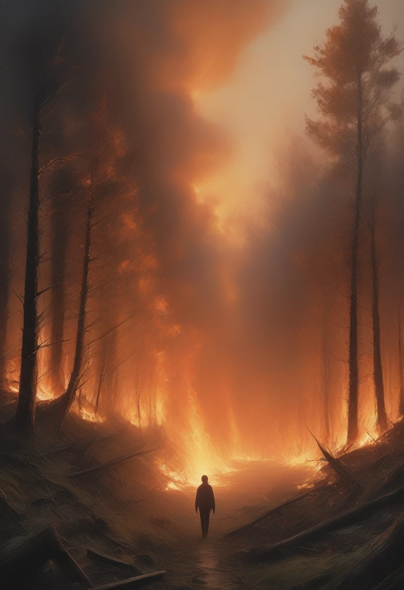 painting of a man walking through a forest with a fire in the background, the forest is on fire, forest fire, woods on fire, makoto sinkai, inspired by Michael Komarck, by Michael Komarck, stefan koidl inspired, fires!! hyperrealistic, burning forest, concept art | rhads, painterly concept art