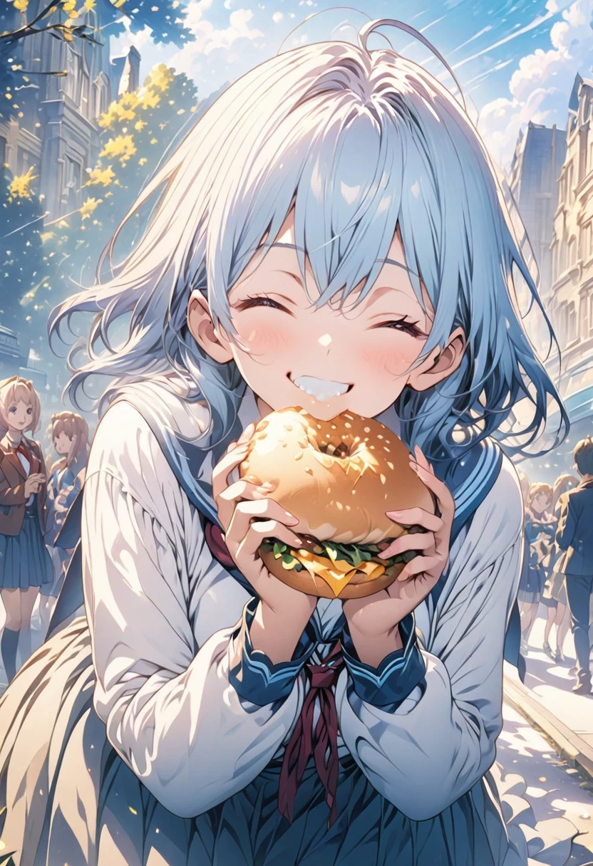 masterpiece, Highest quality, Highly detailed CG Unity 8K wallpapers, High School Girl Anime Illustration. Wearing a uniform、She is making the peace sign while eating her lunch、Blue Hair、she has her eyes closed and mouth open, smile. The background is a light pastel colored landscape