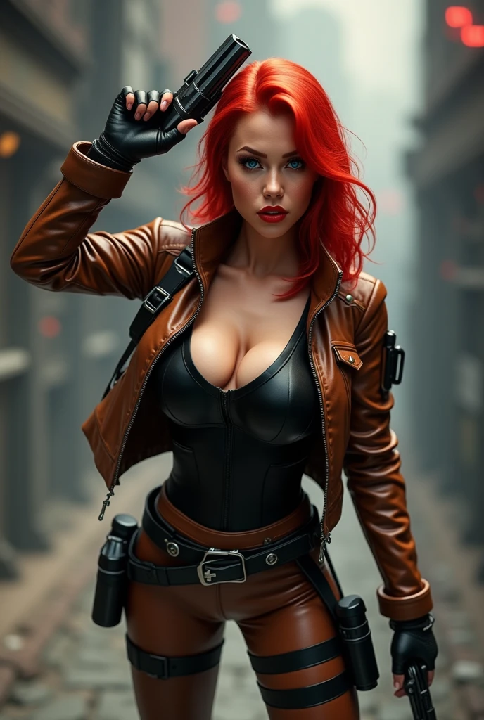 Captured from a high-angle, eye-level perspective, full body front facing shot, a woman hourglass body with large , dressed in a brown and black flight jacket brown and black pants with a black leather utility belt, holds a futuristic blaster handgun in her right hand. Her left hand is raised in the air, while her right arm rests on her hip. Her right arm is draped over her shoulder, adding a pop of color to the scene. The girl's hair is a bright red full body over the shoulder with bangs, Her eyes are a piercing blue, and her lips are a bright shade of red, with a slight smile on her face. The backdrop is blurred in the background there is 3D text that reads "Star Wars Outlaws" at the top of the picture, creating a stark contrast to the girl. Star Wars Movie Style Science Fiction, realistic, Futurism, retina, masterpiece, accurate, anatomically correct, textured skin, super detail, best quality, award winning, highres, 4K, 8k, 16k