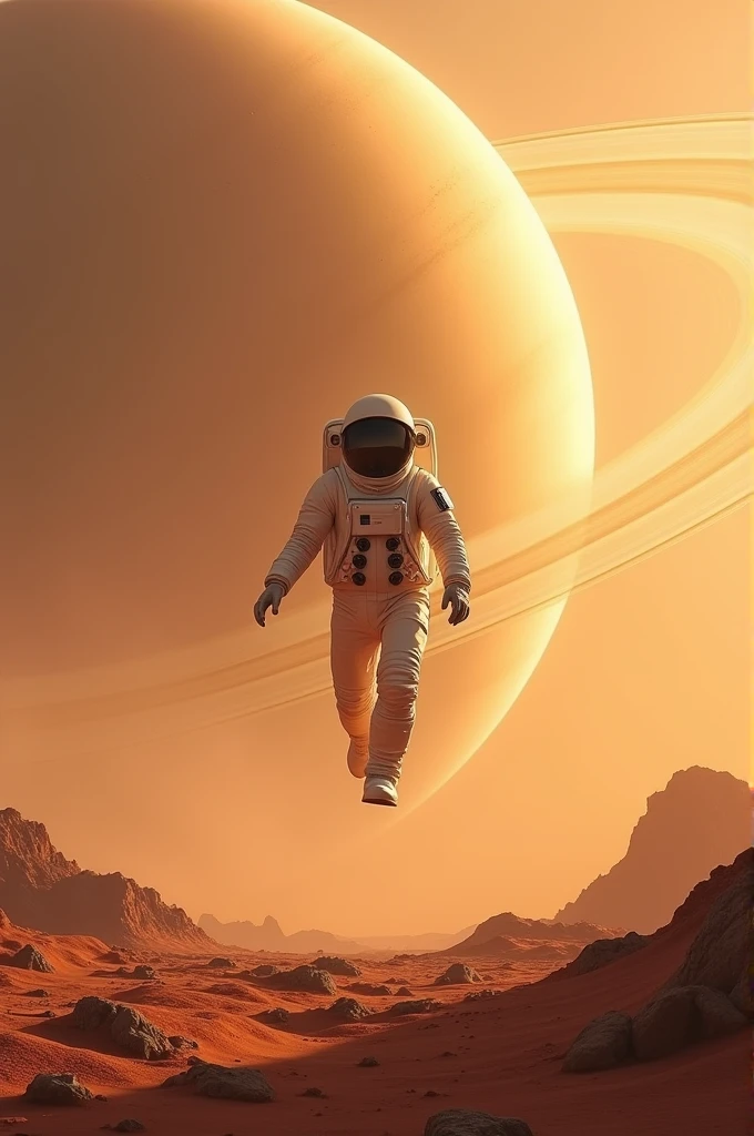A person with spacesuit jump in Saturn moon titan