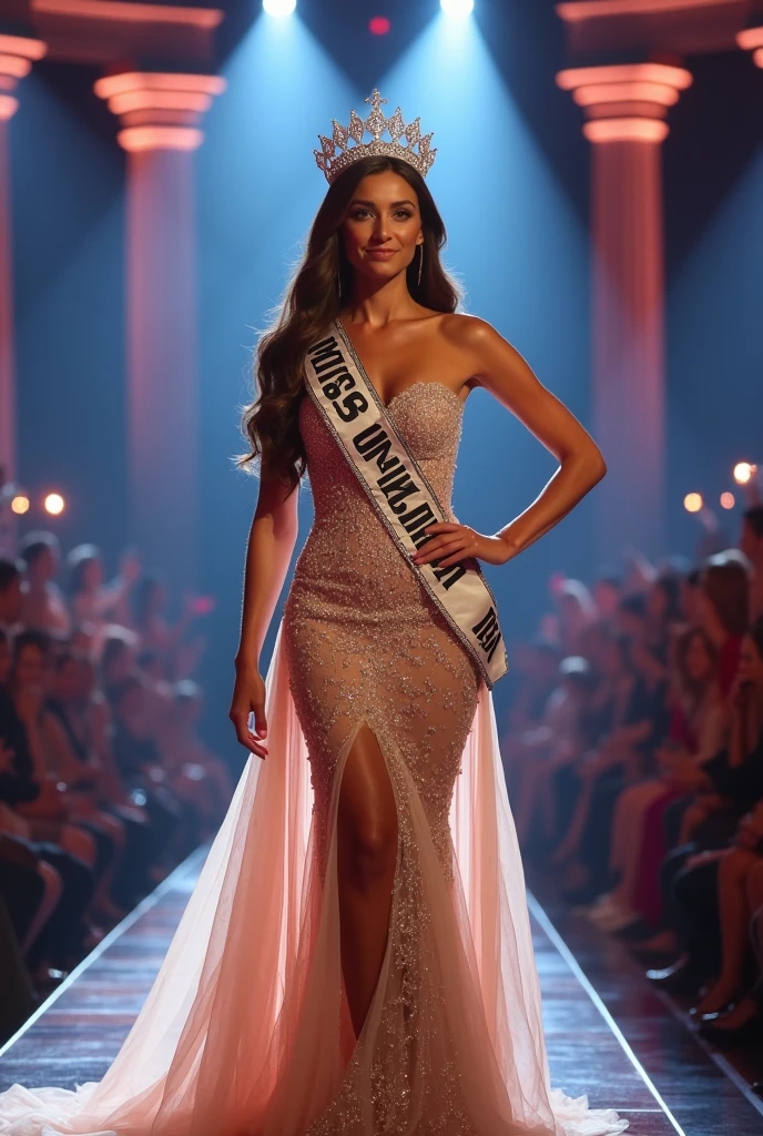 Miss Universe wear Eveninc gown at Stage and wear crown and sash Miss Universe