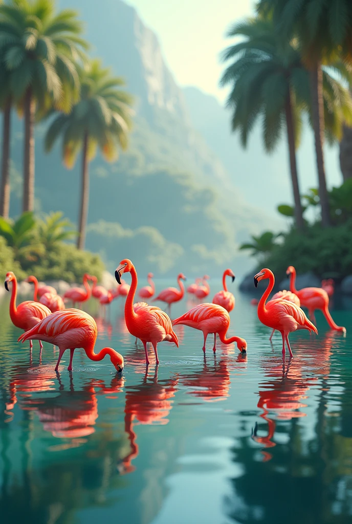 A group of flamingos in a lake