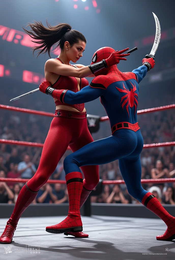 Elektra(comics edition) beats spider man(tom holland) in a WWE match