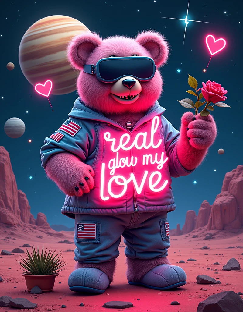 NFT cool art in the style of beeple artist:: behind a space candy bear on the mars,on the left hand is american flag patch only one hand and another one hand holding a rose holding a :: plant pot :: photo included flash light symbolls on the wall and ::space skies and stars and giant saturn planet close up and falling star on the background :: of 1 toy full body with fashion grunge style toy bear, black mirror VR mask blue neon glow, pink fur, toy bear holding a thunfer flash light neon in the hand, hug ( neon glow my LOVE neon glow word :: ) with two eyes in a style in mood and happy smiling with teeth smile wearing a :: yellow:: red hair and a slash yellow glow on the bear, background with X and O game made of hearts, Glowing stars is flying in the air, neon glow heart inside of the heart is the word :: REAL LOVE :: word, 90's fashion font graffiti words:: hug LOVE::, hyper detailed 35 mm shot