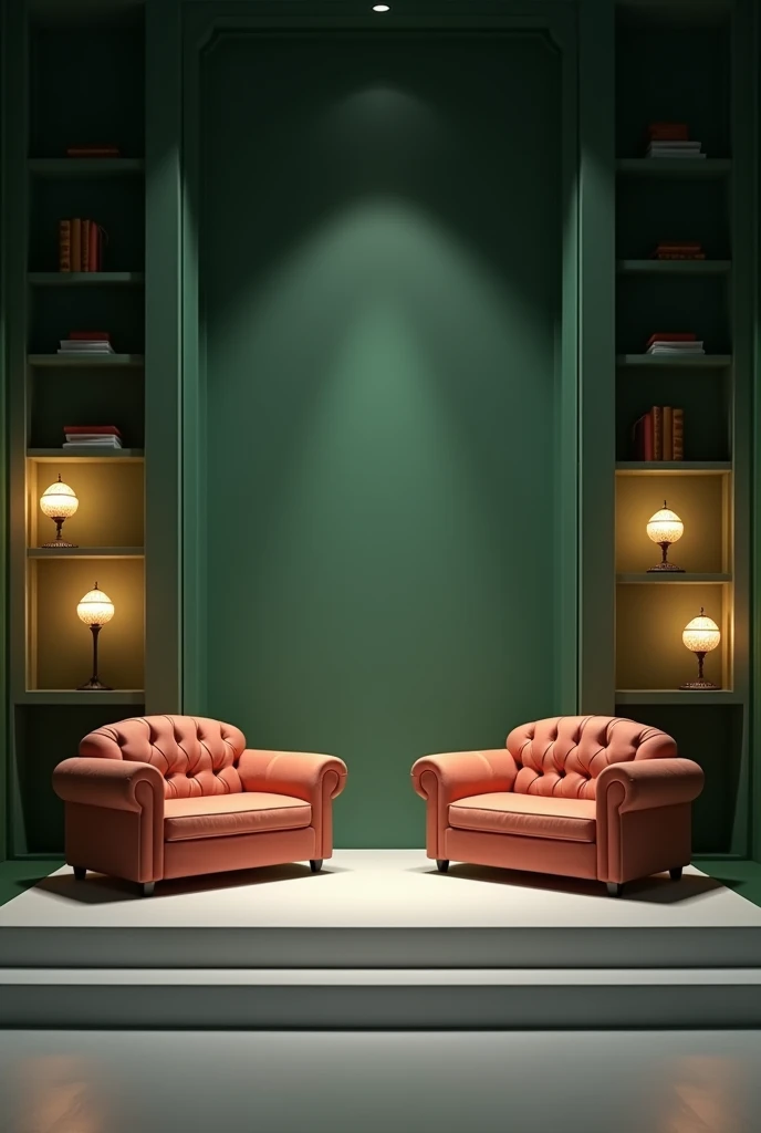 A stage measuring one and a half metres by two metres. It is 20 centimeters tall. The background of the wall is green. There are small sofas on the stage., stained glass lamps and books. No stairs. The floor of the premises is white. And the stage floor is grey. The stage is rectangular.