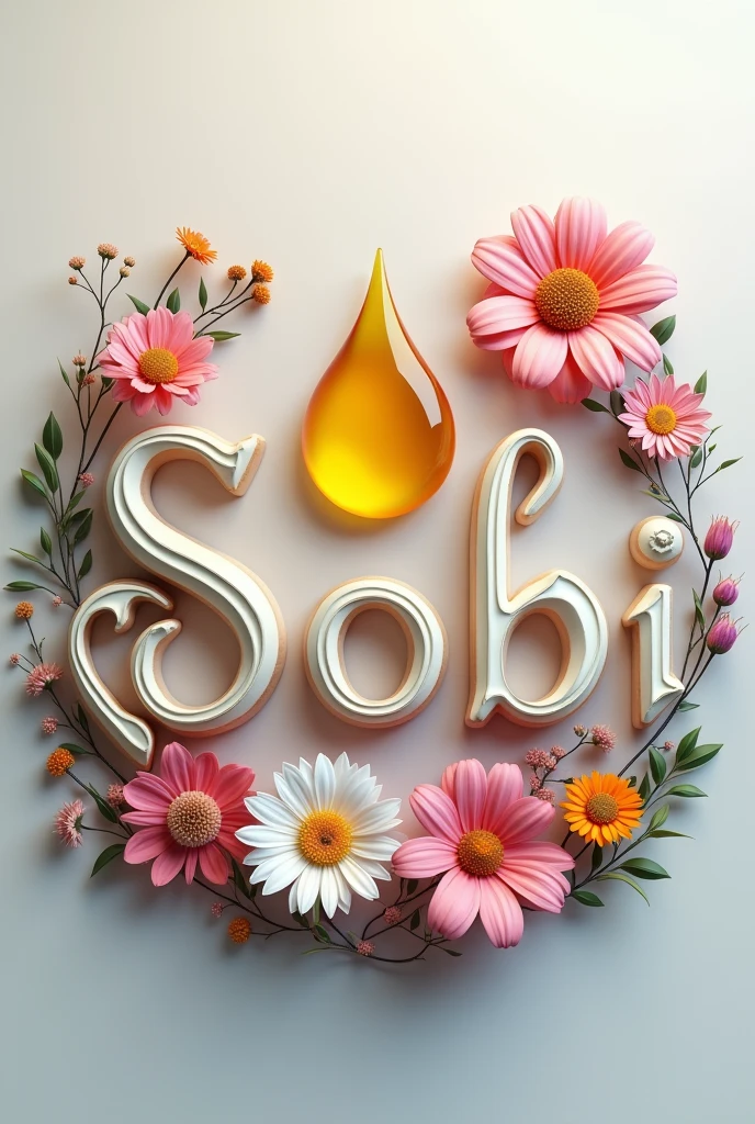 A stunning 3D logo for Sobii, a premium essential oil company. The letter "Mister" is elegantly designed with a stylized drop of essential oil at its center, symbolizing the purity and quality of the products. Surrounding the "A" are various flowers and plants, each represented in a detailed and lifelike manner. The overall composition is a harmonious blend of text and imagery, exuding a sense of tranquility and refinement. The background is a soothing mix of soft colors, complementing the essence of the brand., 3d render