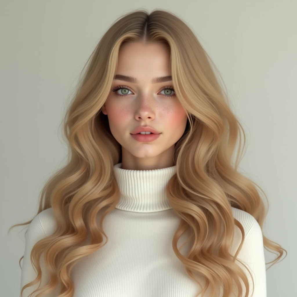 a woman with long blonde hair wearing a white shirt, long curly blonde hair, fine white shirt, white shirt, wearing in shirt, long curly light blond hair, curly blonde hair, elegant freckles, long wavy blonde hair, wearing a white shirt, blonde long hair, in white turtleneck shirt, wearing white shirt, white dress shirt, ornate long blond hair