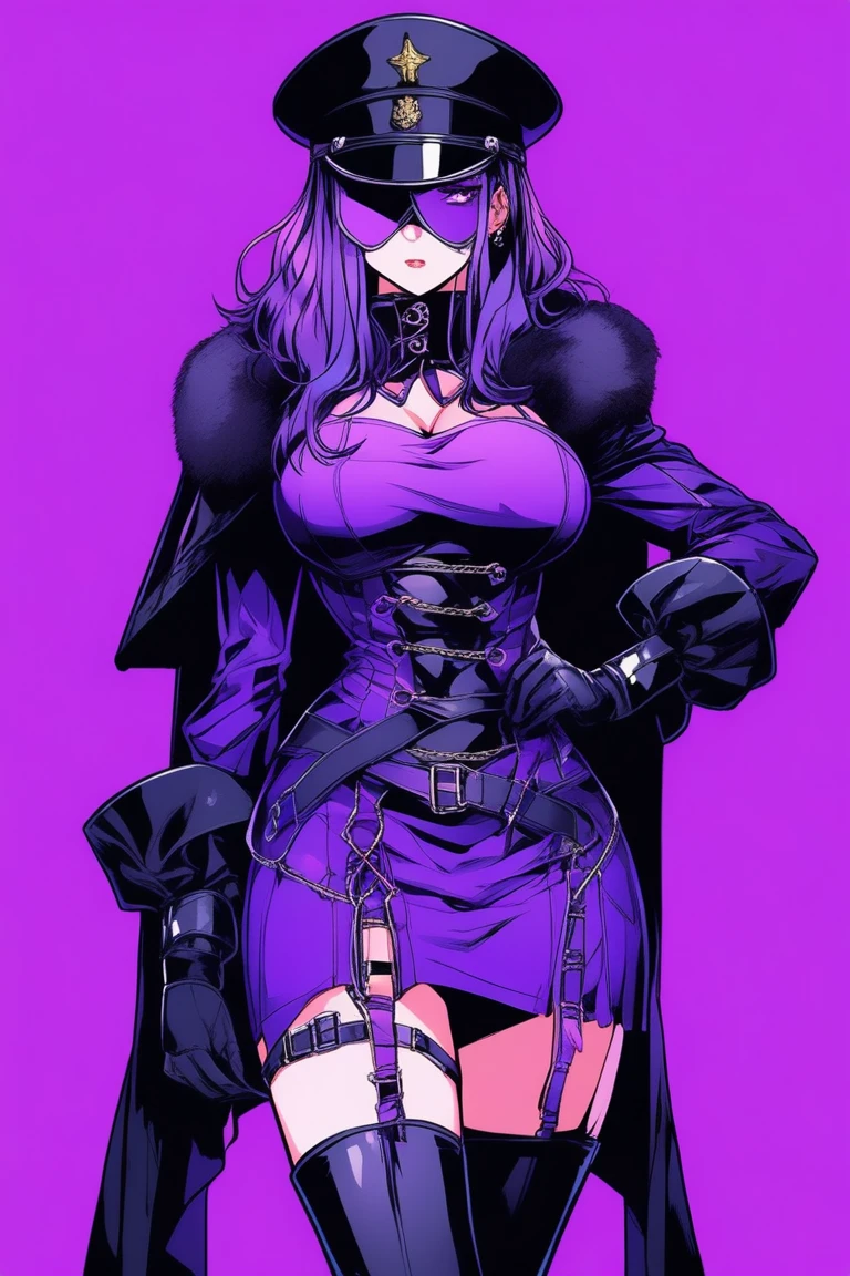 (Masterpiece), Best Quality, ultra-detailed, 1girl (jessie pokemon, Big and pretty breasts, naked body, hair slicked back, purple hair, long hair,blue eyes, half-closed eyes, black eye  mask),evil face, smirk, parted lips, head tilt, mascara, full makeup, black eyeshadow, red lipstick, solo,black tight bodysuit, zipper, in the cellar, dark, dark light, standing, Sexy waist teasing, holding knife,from_below