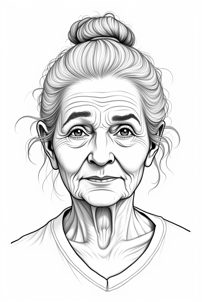 Old lady in a bun drawing outline only no shading