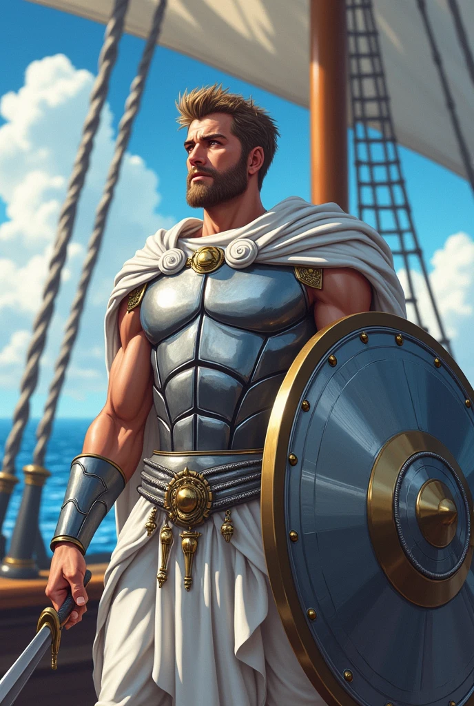 Warrior of Ancient Greece, with silver armor, white clothes, White cloack, holding a sword and shield, determined expression, on a warship, (((anime styling))), best qualityer, detailed hands, 4K.