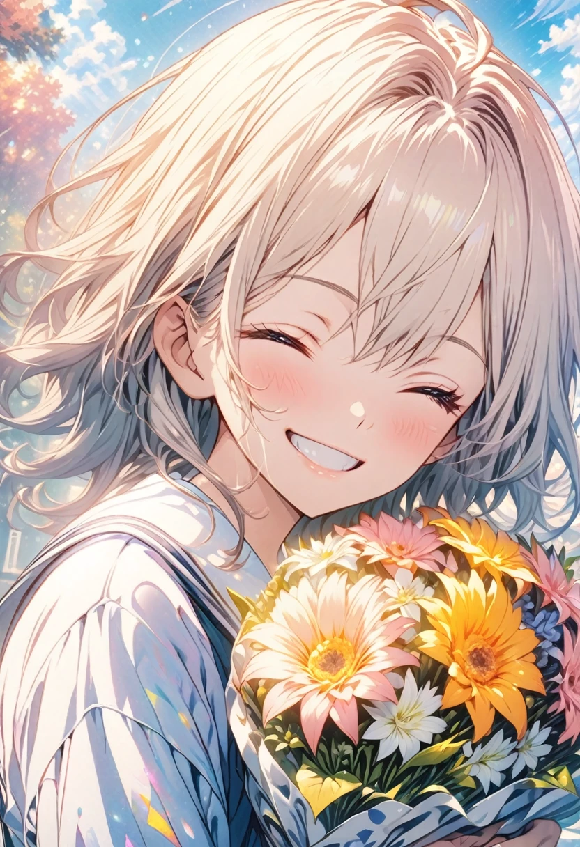 masterpiece, Highest quality, Highly detailed CG Unity 8K wallpapers, High School Girl Anime Illustration. wear 、Holding a colorful bouquet。 she has her eyes closed and mouth open, smile. The background is a light pastel colored landscape