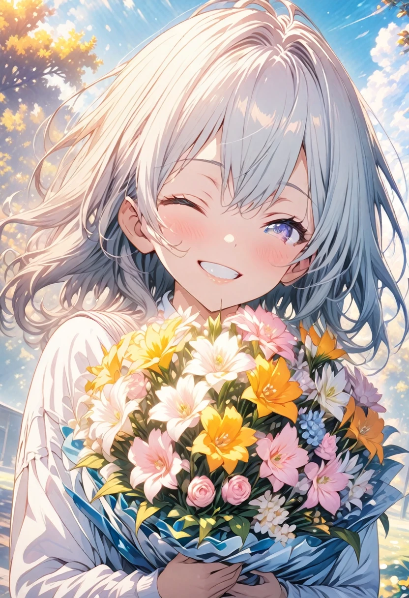 masterpiece, Highest quality, Highly detailed CG Unity 8K wallpapers, High  Girl Anime Illustration. wear 、Holding a colorful bouquet。 she has her eyes closed and mouth open, smile. The background is a light pastel colored landscape