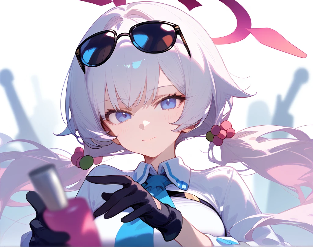 beautiful, masterpiece, Highest quality, anime, One girl, C Cup,Portrait Shot, View your viewers, Covered、Short Hair、nearby、Blue Eyes、art、、White hair,Blue streaked hair、wallpaper、hairpin、Cute smile、Thighs、 blue sky、pink_Leather Race Queen、pink_Leather Gloves、Kneeling、grass、navel、peace sign