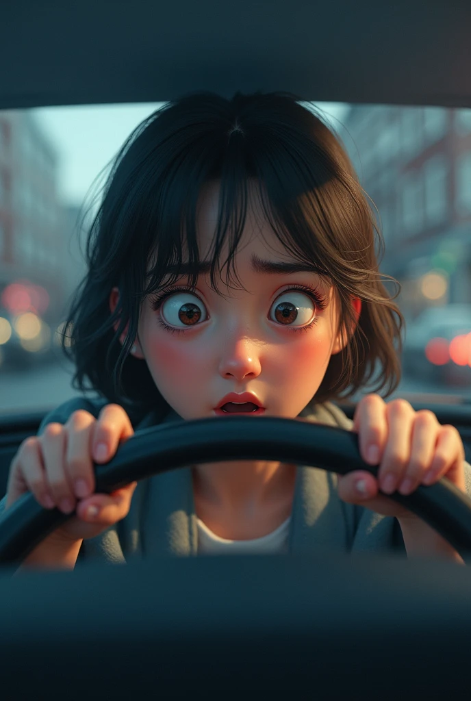 girl behind the wheel, shock, shocked and sad when he almost hit the car in front of him