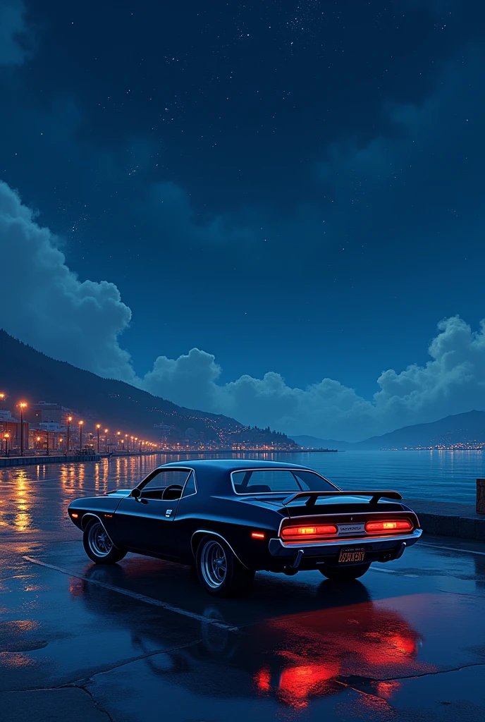 Prompt**: A meticulously drawn animation-style image set in a nighttime harbor. The scene features a vivid night view with a calm sea and a beautiful starry sky above filled with numerous twinkling stars. The wet road surface, reflecting light after the rain, adds to the ambiance. In the pier's parking lot, an old Dodge Challenger with a shiny black body is quietly parked, its taillights glowing softly. The car is rendered with intricate detail, and the entire composition is in high-quality 8K.