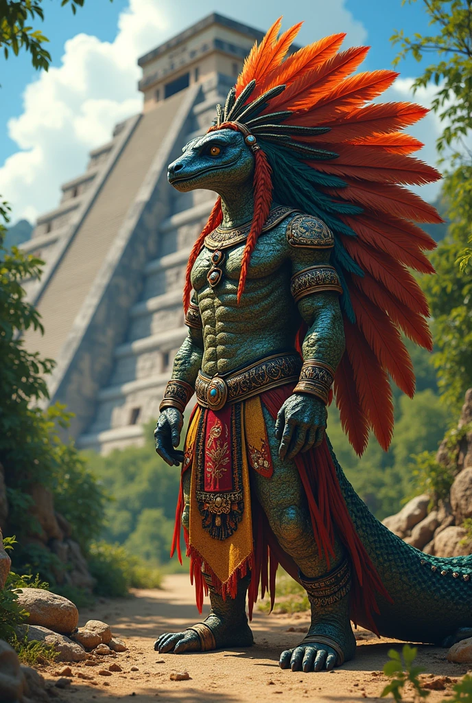 quetzalcoatl (with Aztec costumes and the background of Chichen Itza)