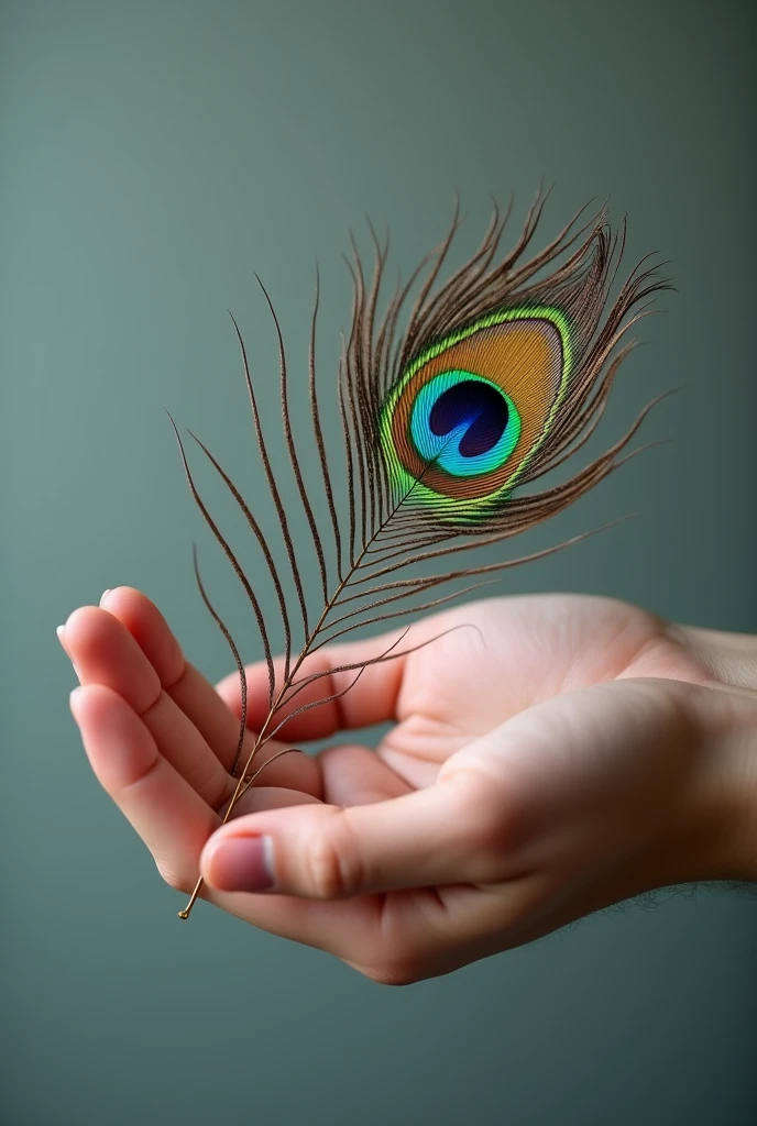 Peacock feather in hand