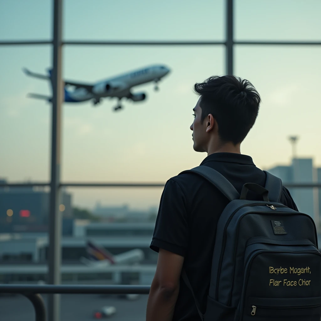 An adult student is in airport black full shirt watching plane flying
In his school bag it's written Cyber security engineer 
Beautiful view 
Like movie 