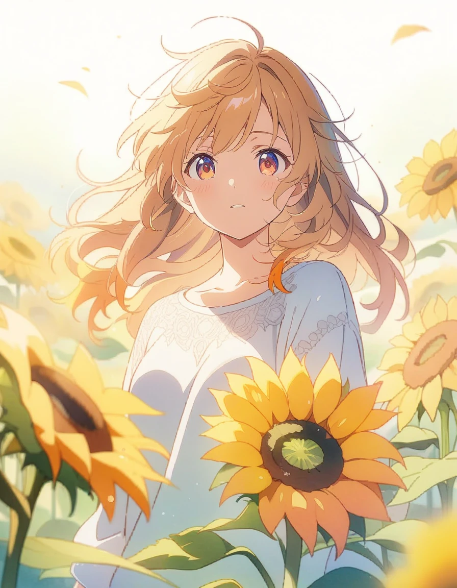 1girl, sunflowers, poppies, loose watercolor, soft strokes, bright colors, clean background, high resolution . (masterpiece), (best quality), (ultra-detailed), very aesthetic, illustration, disheveled hair, perfect composition, moist skin, intricate details, anime artwork, anime style, visual, vibrant, studio anime, highly detailed, aesthetic