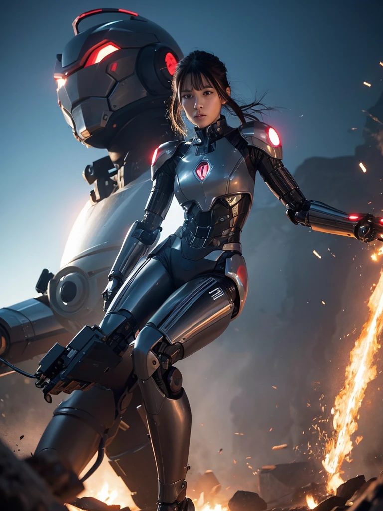 A woman in a robot suit fighting monsters
