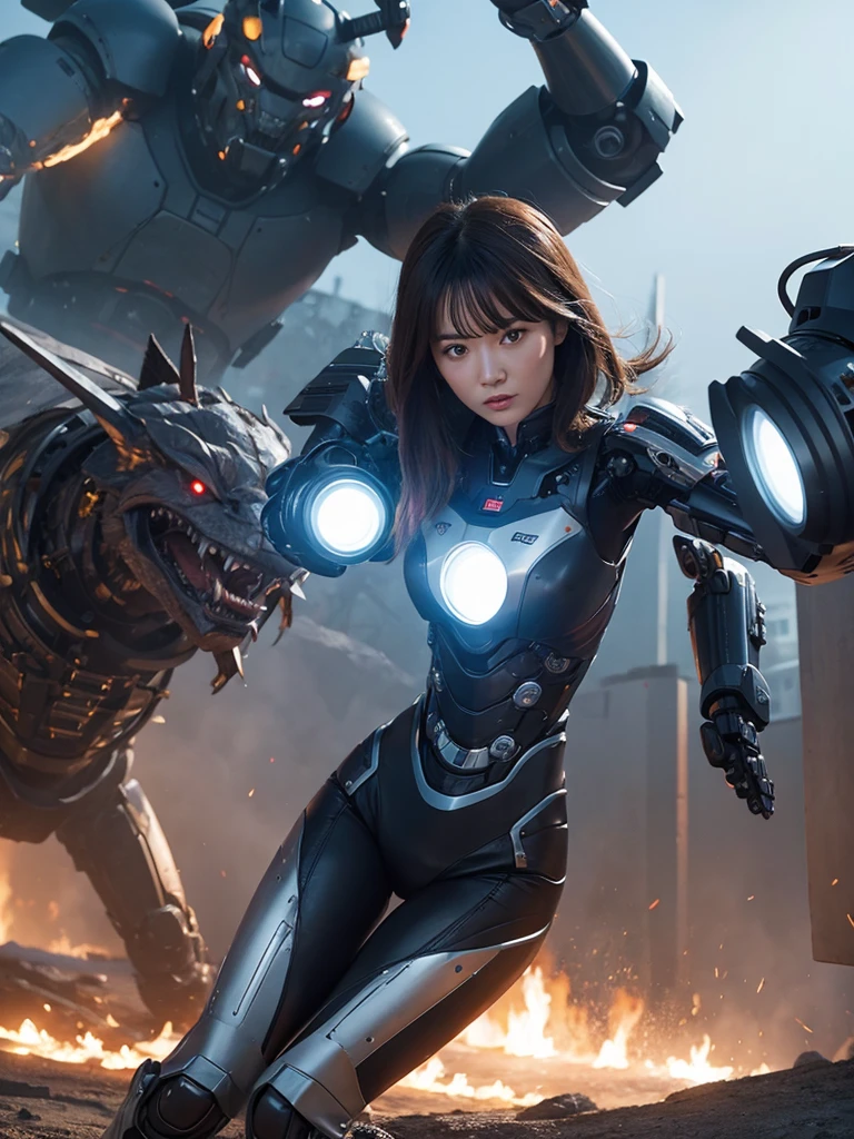A woman in a robot suit fighting monsters