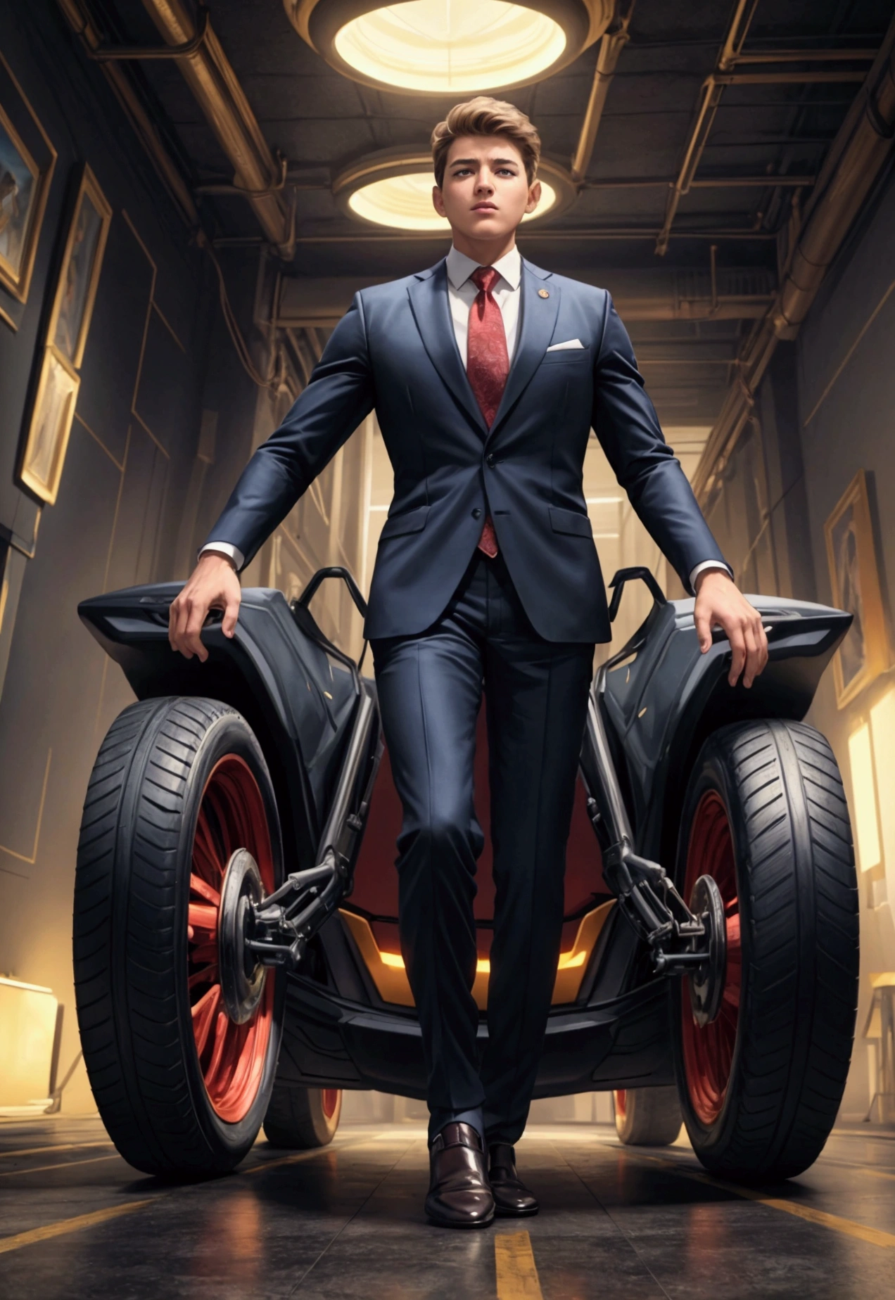 ((1boy)), super fine illustration, vibrant colors, absurdres extremely detailed CG, 8k wallpaper, (masterpiece:1.3), dynamic angle, dynamic pose, best quality, depth of field, cinematic lighting, ultra detailed, front-view, Business suit, The president is rolling the tires, full body, center, looking at viewers, the character is in the center of the frame,