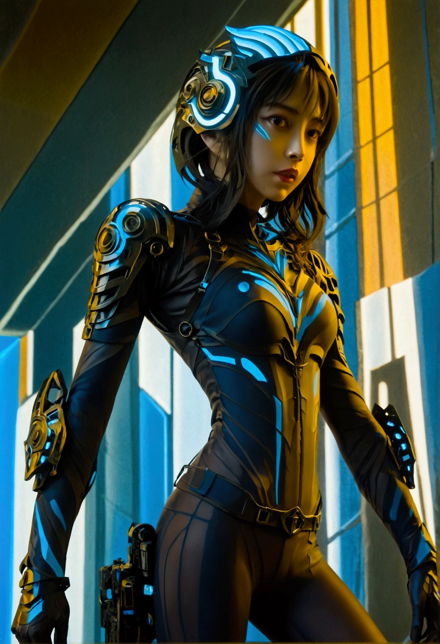 Sexy，girl，solo，photo，Sexy蒸汽朋克girl的photo插图，Shining blue eyes，Naked transparent tights，Side view iconic model walking pose，Provocative and seductive expression，Advanced Cybernetic Helmet，Waist bag with heavy weapons，Enhanced cybernetic gloves with large weapons，Full body torso，Athlete posture body，Low angle shot，Fantasy Art，Two tones，数码处理photo艺术，Ultra Detail，Clarity，High contrast，Bright atmosphere，Rich texture，Complex patterns，Vibrant colors，Movie Lighting，Accurate anatomical proportions。realistic digital art，Highly detailed VFX portraits，Stunning large-scale cybernetic background，Stunning digital art，超现实主义的Fantasy Art，Dramatic shadows，Dramatic lighting，Interwoven elements，