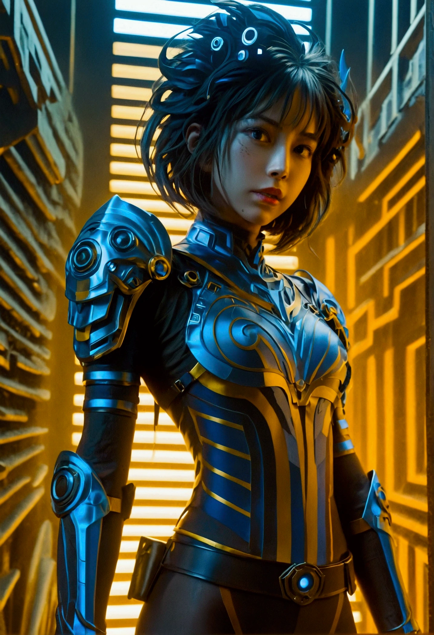 Sexy，girl，solo，photo，Sexy蒸汽朋克girl的photo插图，Shining blue eyes，Naked transparent tights，Side view iconic model walking pose，Provocative and seductive expression，Advanced Cybernetic Helmet，Waist bag with heavy weapons，Enhanced cybernetic gloves with large weapons，Full body torso，Athlete posture body，Low angle shot，Fantasy Art，Two tones，数码处理photo艺术，Ultra Detail，Clarity，High contrast，Bright atmosphere，Rich texture，Complex patterns，Vibrant colors，Movie Lighting，Accurate anatomical proportions。realistic digital art，Highly detailed VFX portraits，Stunning large-scale cybernetic background，Stunning digital art，超现实主义的Fantasy Art，Dramatic shadows，Dramatic lighting，Interwoven elements，