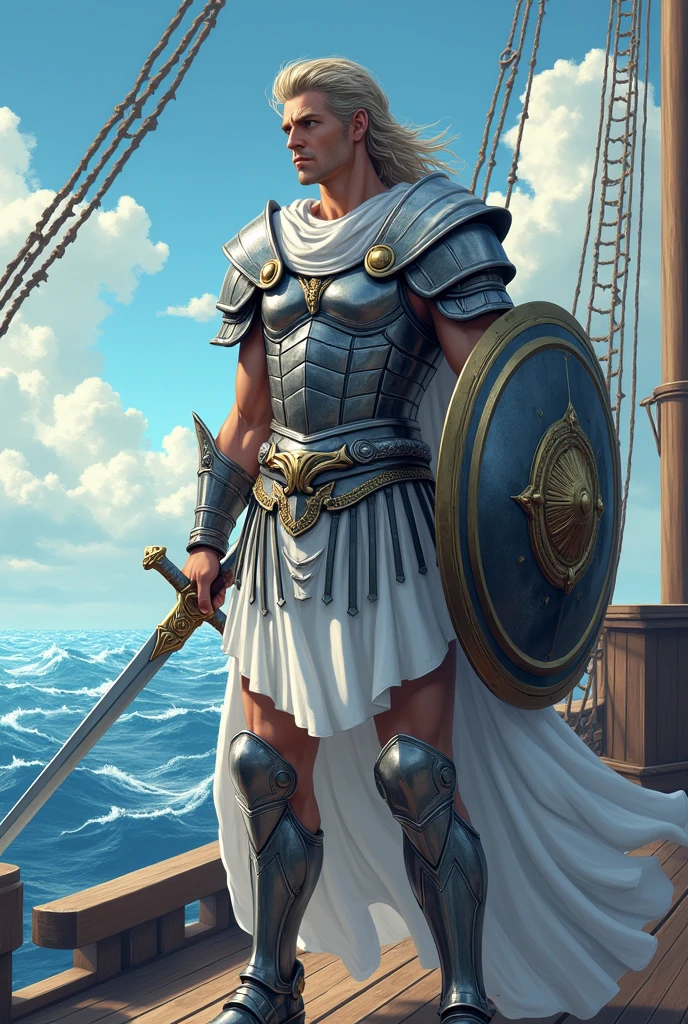 Warrior of Ancient Greece, with silver armor, white clothes, White cloack, holding a sword and shield, determined expression, on a warship, (((anime styling))), best qualityer, detailed hands, 4K, detailed sword.