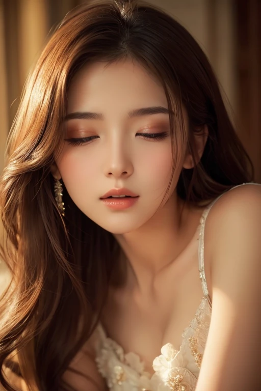 1girl,beautiful young woman,detailed beautiful face,beautiful eyes,elegant dress,graceful pose,intimate passionate kiss,soft lighting,romantic atmosphere,high quality,photorealistic,intricate details,cinematic composition,warm color palette,dramatic lighting,elegant,delicate,breathtaking