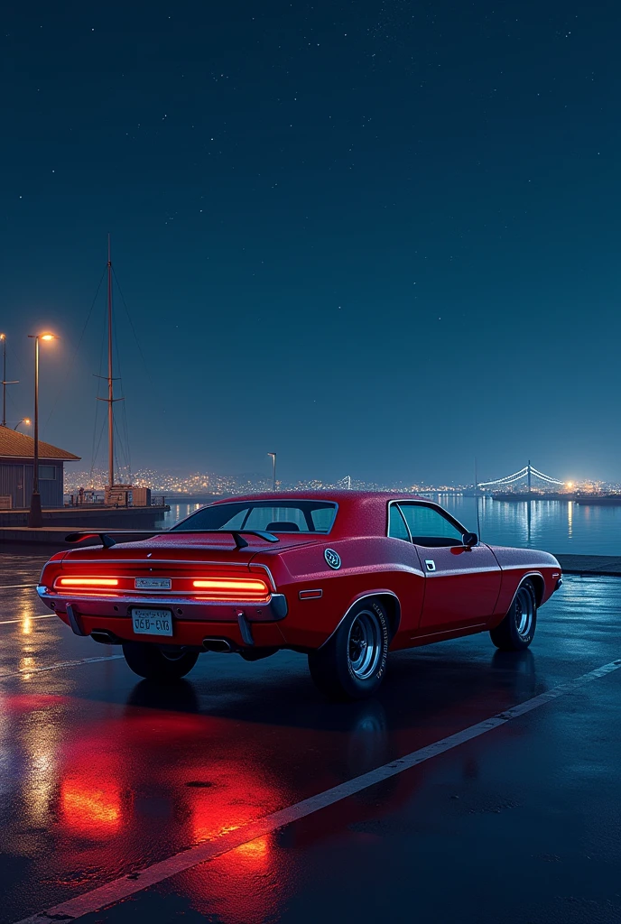 Prompt**: A meticulously drawn animation-style image set in a nighttime harbor. The scene features a vivid night view with a calm sea and a beautiful starry sky above filled with numerous twinkling stars. The wet road surface, reflecting light after the rain, adds to the ambiance. In the pier's parking lot, an old Dodge Challenger with a shiny red body is quietly parked, its taillights glowing softly. The car is rendered with intricate detail, and the entire composition is in high-quality 8K.