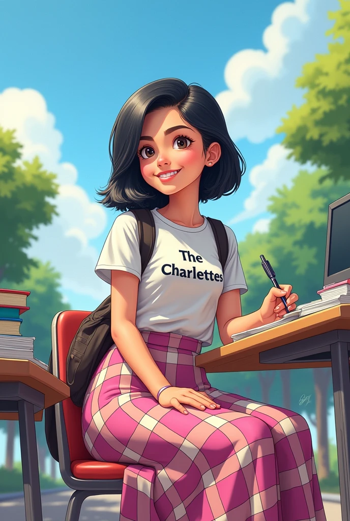 a cartoon showing filipino pupil a girl with black hair wearing a tshirt with brand "The Charlettes" in front and wearing a long skirt pink and white plaid uniform , she is writing for campus journalism