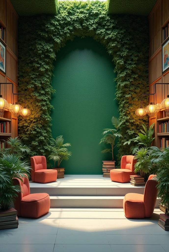 A stage measuring one and a half metres by two metres. It is 20 centimeters tall. The background of the wall is green. There are small sofas on the stage., stained glass lamps and books. No stairs. The floor of the premises is white. And the stage floor is grey. The stage is rectangular. And there are books as decoration. In addition to artistic paintings on the walls