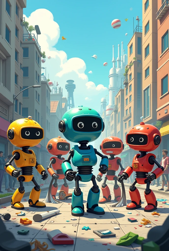 create an image for a pollution cleanup project with five robots cleaning the city cartoon