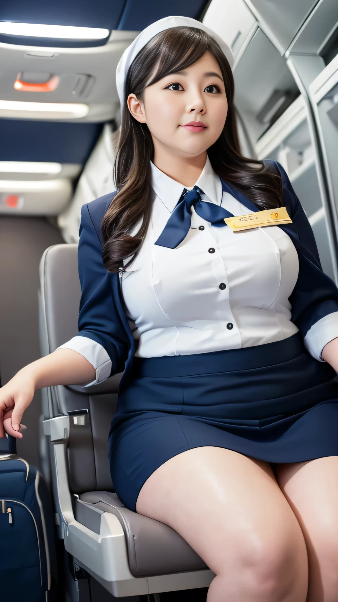 ((8k)), Highest quality, 超High resolution, (High resolution), ((Chubby woman)), Japanese, Double chin, Overweight, Very fat, ((Chubby)), Sit on a chair, sitting, in the Inside aircraft, ((Flight Attendant costume)), mini skirt, (from below:1.3), (looking down, watching at Viewer:1.3)