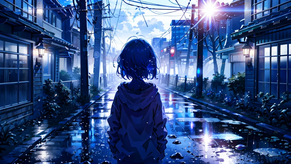 Absurd, High resolution,
Looking back at me, Rainy night city,Urban sidewalks、 Holding a red umbrella、signal machine、relax time, Fantastical light particles, Lens flare,Smiling and crying、Blue Hair、(Red headphones:1.4)、(White hoodie:1.2)、Top view、(Looking into the distance)、(Shooting from a distance:1.2)