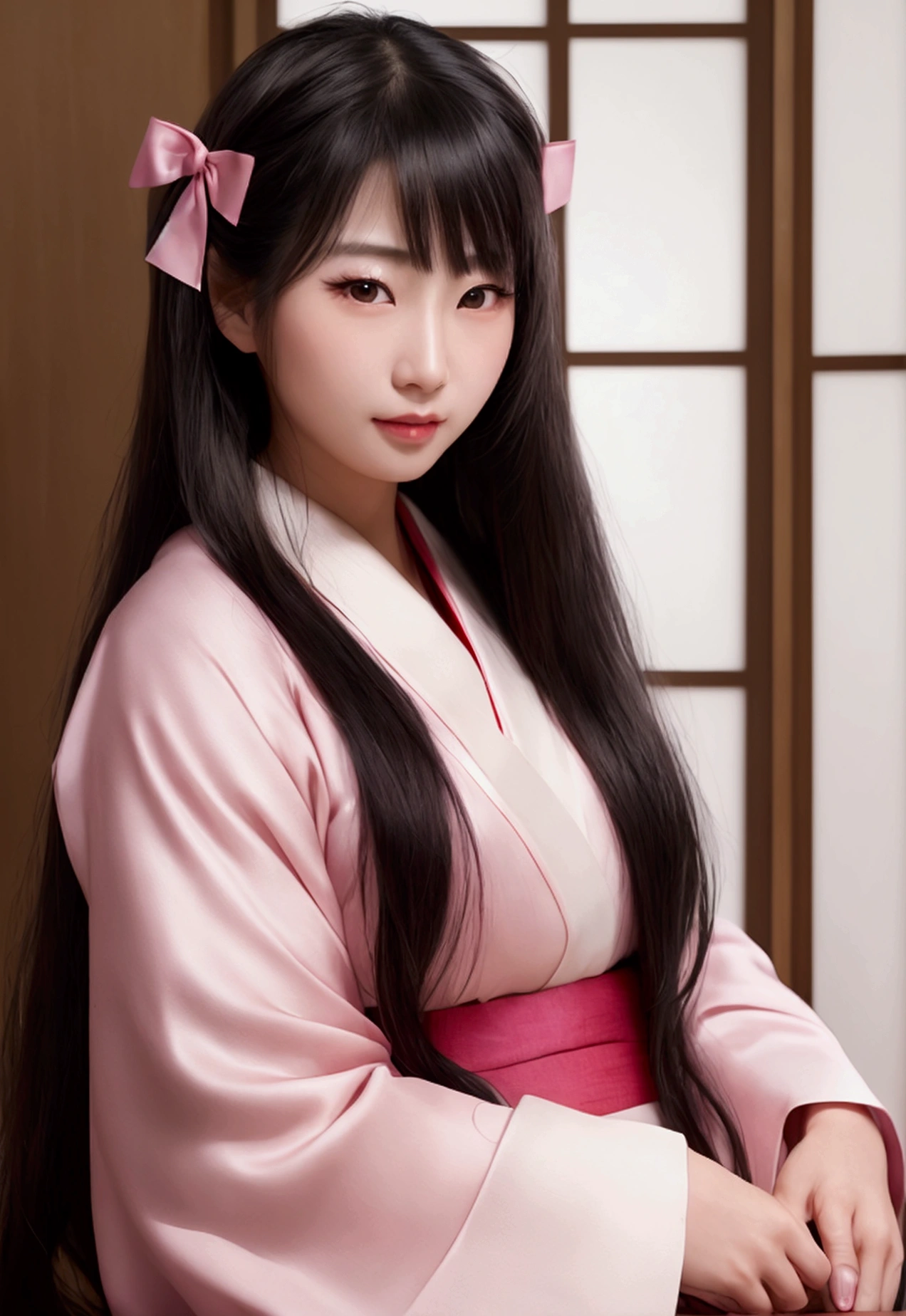 masterpiece, (Realistic:1.5), Realistic eyes, Asian woman, Highest quality, Beautiful lighting, Professional Lighting, Photon Mapping, Radio City, Physically Based Rendering,, kamado nezuko, One girl, Black Hair, amount, hair ribbon, kimono, kimono, Long Hair, Multicolored Hair, Open your mouth, Pink Eyes, pink kimono, pink ribbon, ribbon, smile, very Long Hair, null, ((Old age)),, (RAW Photos, 8K Ultra HD, Film Grain)