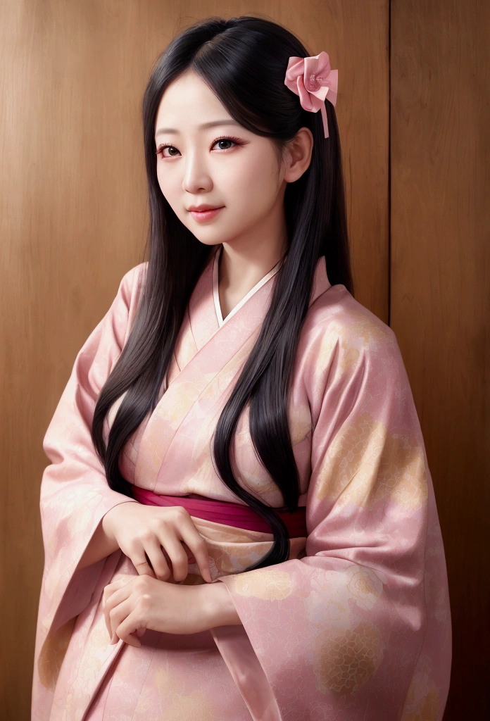 masterpiece, (Realistic:1.5), Realistic eyes, Asian woman, Highest quality, Beautiful lighting, Professional Lighting, Photon Mapping, Radio City, Physically Based Rendering,, kamado nezuko, One girl, Black Hair, amount, hair ribbon, kimono, kimono, Long Hair, Multicolored Hair, Open your mouth, Pink Eyes, pink kimono, pink ribbon, ribbon, smile, very Long Hair, null, ((Old age)),, (RAW Photos, 8K Ultra HD, Film Grain)