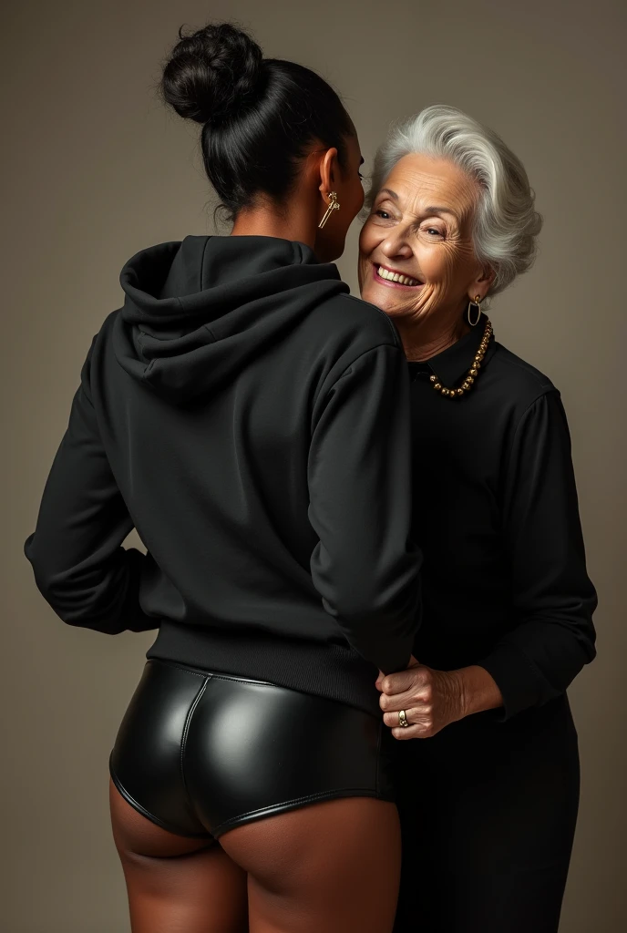 black woman hair in a bun black hoodie black leather short shorts being fucked in the ass by a old grandma in a dress