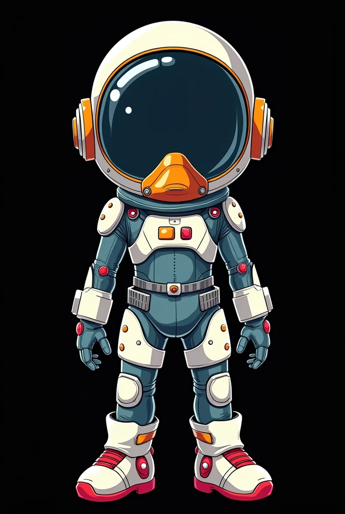 prompt : cartoon drawing style by Akira Toriyama , a character with a futuristic astronaut mask like another citizen in dragon ball small like Arale&#39;s drawing of metal slug, background black