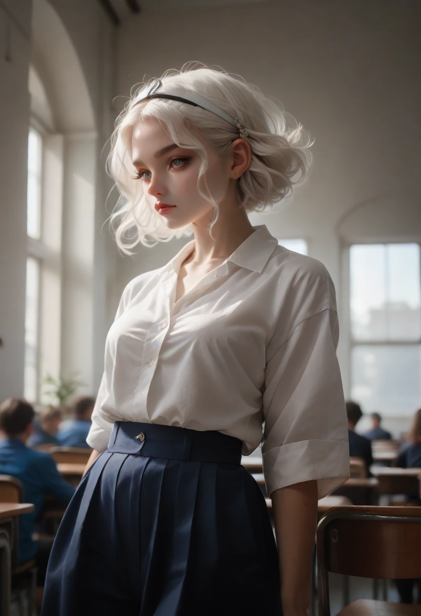 Tall beautiful woman with white hair at school