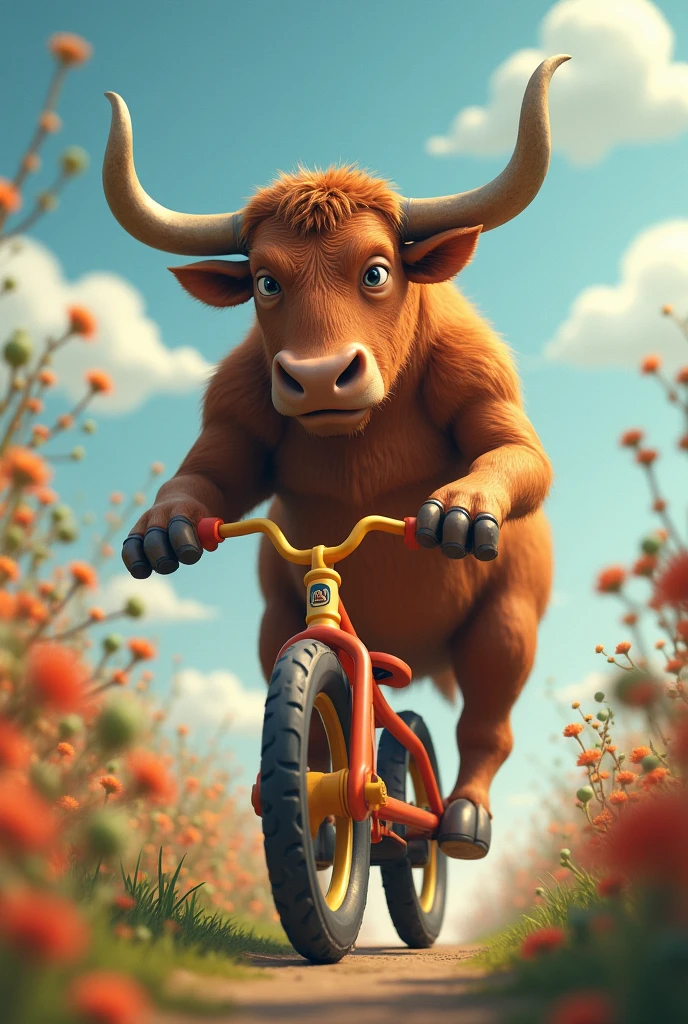 Creat a image of ox driving a toy bike