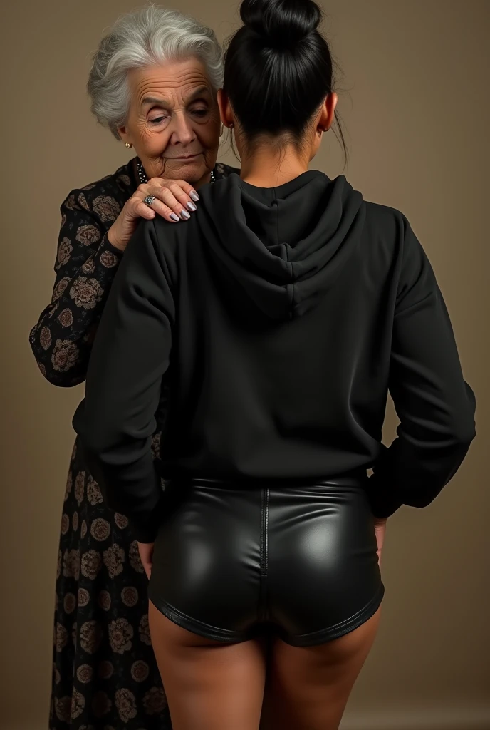 black woman hair in a bun black hoodie black leather short shorts being fucked in the ass by a old grandma in a dress