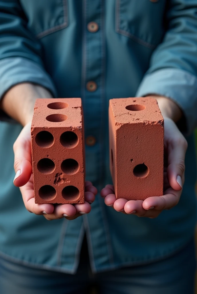PICTURE REALISTIC, in 8k of two red bricks being held by a man, one of the bricks has 8 holes and the other brick is structural, The image should have predominant colors in shades of blue