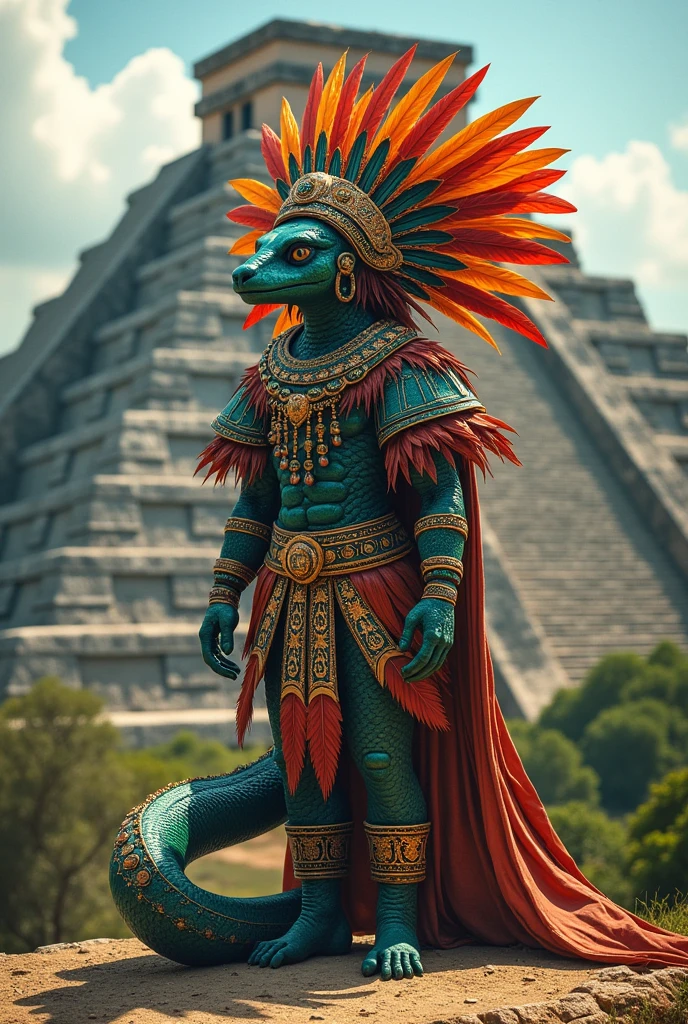 quetzalcoatl (with Aztec costumes and the background of Chichen Itza)