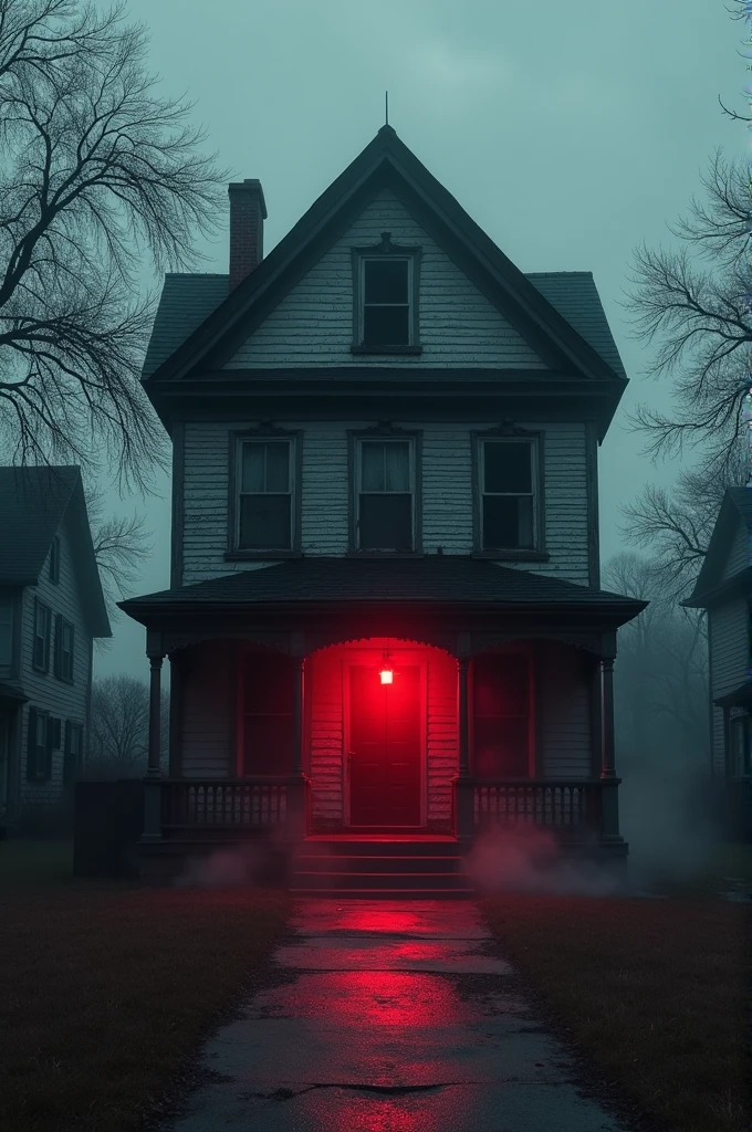 A haunted house in town with red light on door