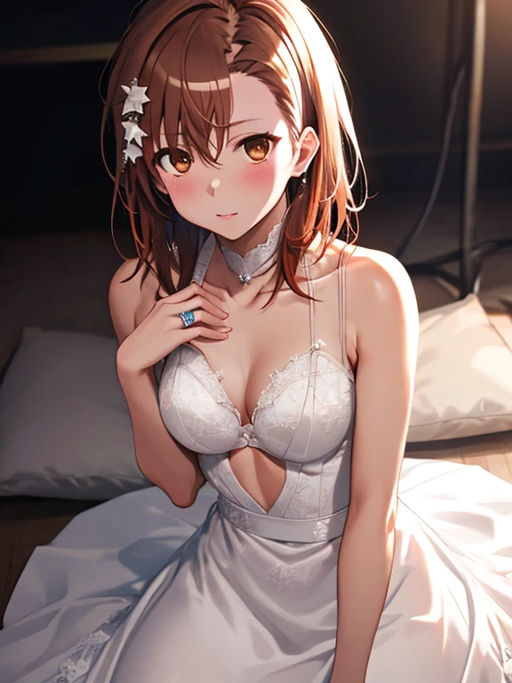 Surreal Scene:1.5, (Misaka Mikoto), beautiful girl, cute, wedding ring, (flat chest), uhd, retina, masterpiece, accurate, anatomically correct, textured skin, super detail, high details, high quality, best quality, highres, 8k
