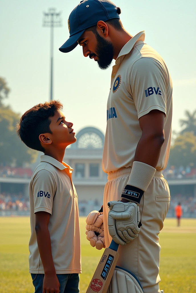 A boy named raghava shakanding with shikhar dhawan 
